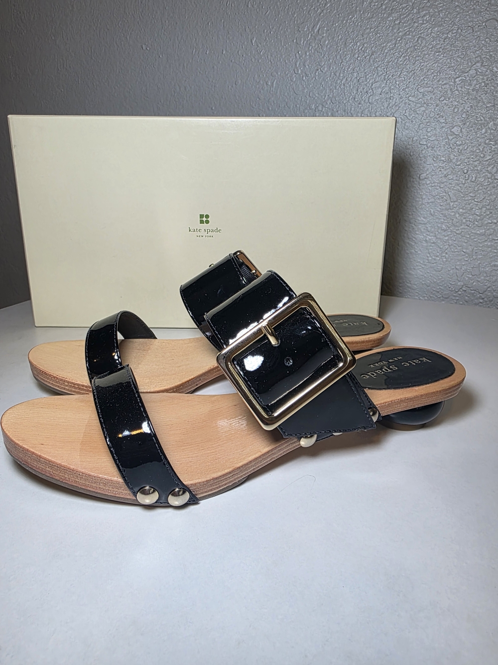 Kate Spade Black Patent Buckle Slide Sandals